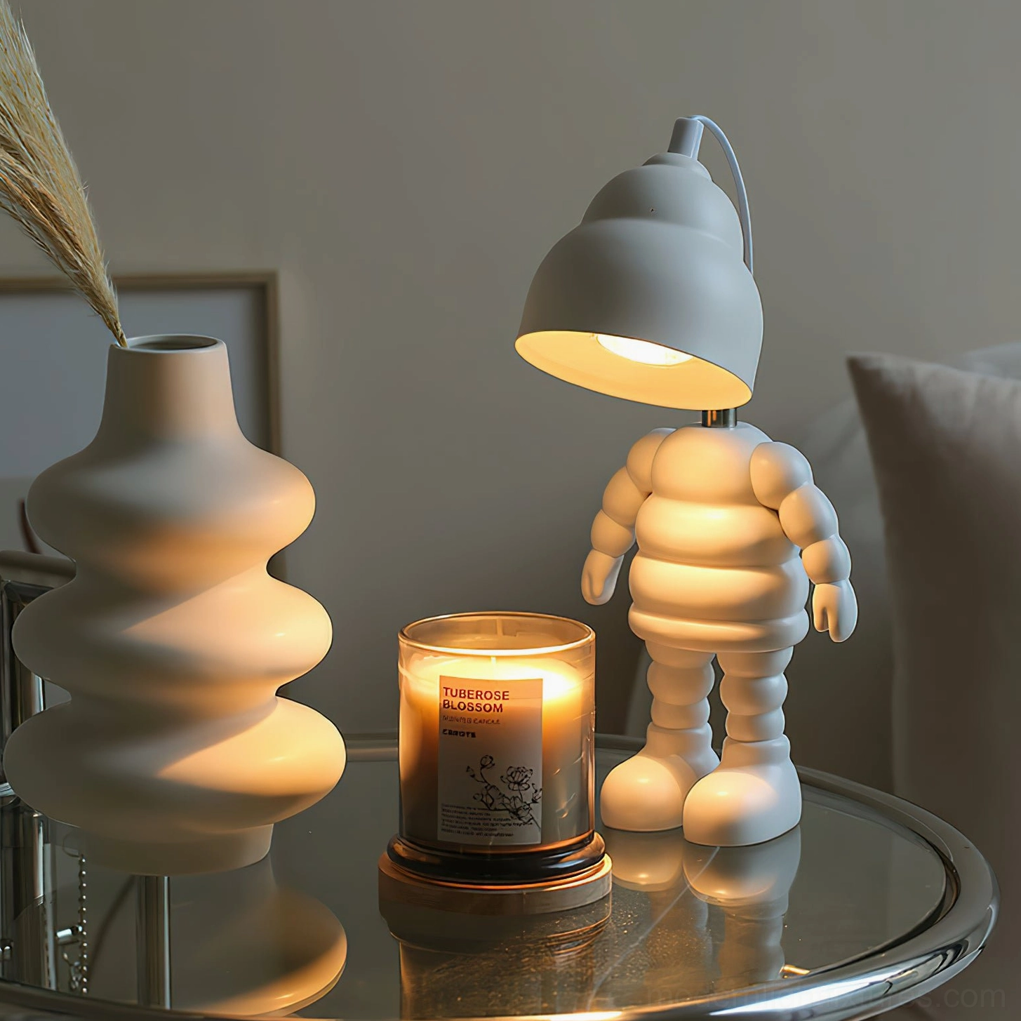 Modern robot candle warmer table lamp with playful geometric proportions and sophisticated minimalist finish