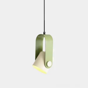Modern rotating pendant lamp with sage green metal shade and adjustable head mechanism, front view studio shot