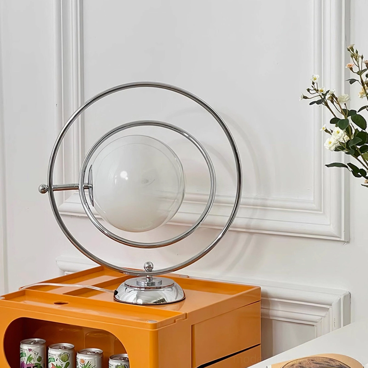 Contemporary chrome and white gradient planet table lamp variant detail view