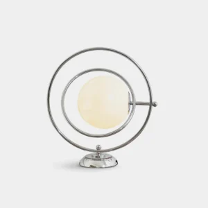 Rotating planet table lamp with chrome metal frame and white gradient frosted glass shade, modern design front view