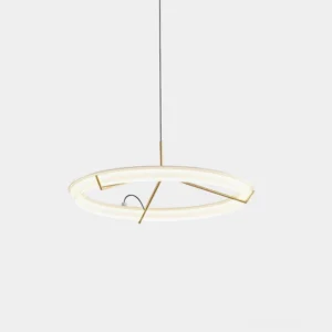 Modern round acrylic LED pendant light with brass gold frame and frosted white shade in minimalist design