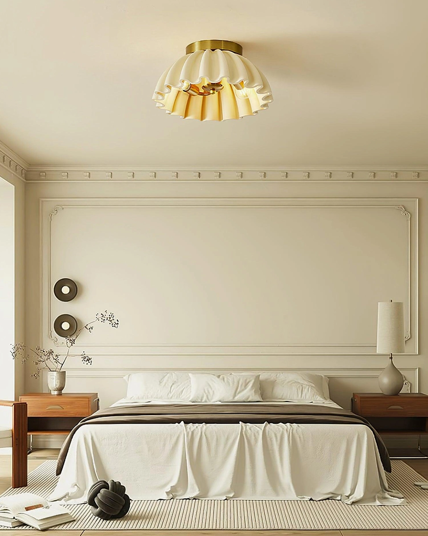 Scalloped ruffle ceiling light mounted overhead in master bedroom with neutral warm bedding