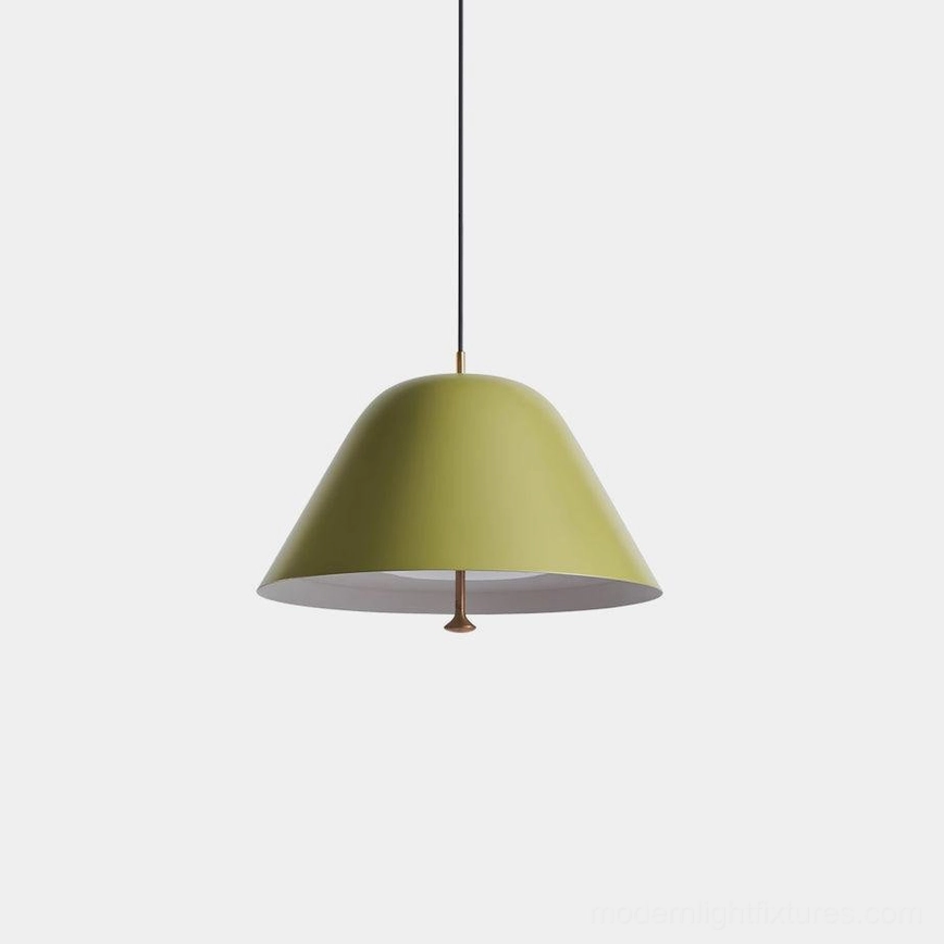 Sage green modern dome pendant light with matte metal finish, front view against white studio background