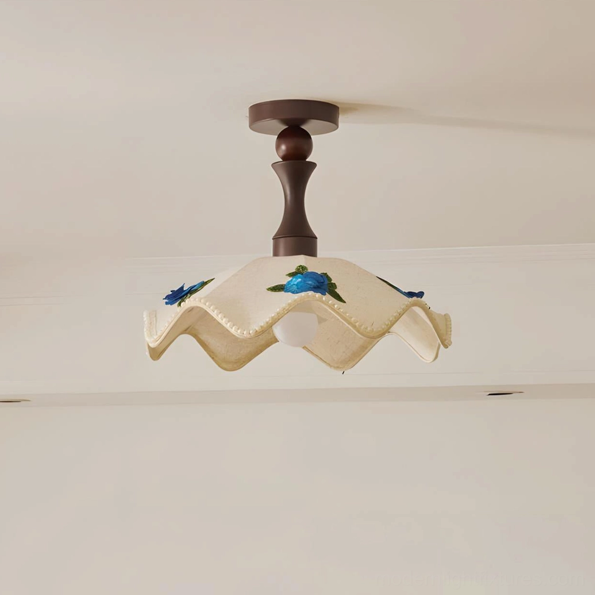 Complete wavy scalloped ceiling light fixture with wooden canopy and full shade assembly for transitional home design