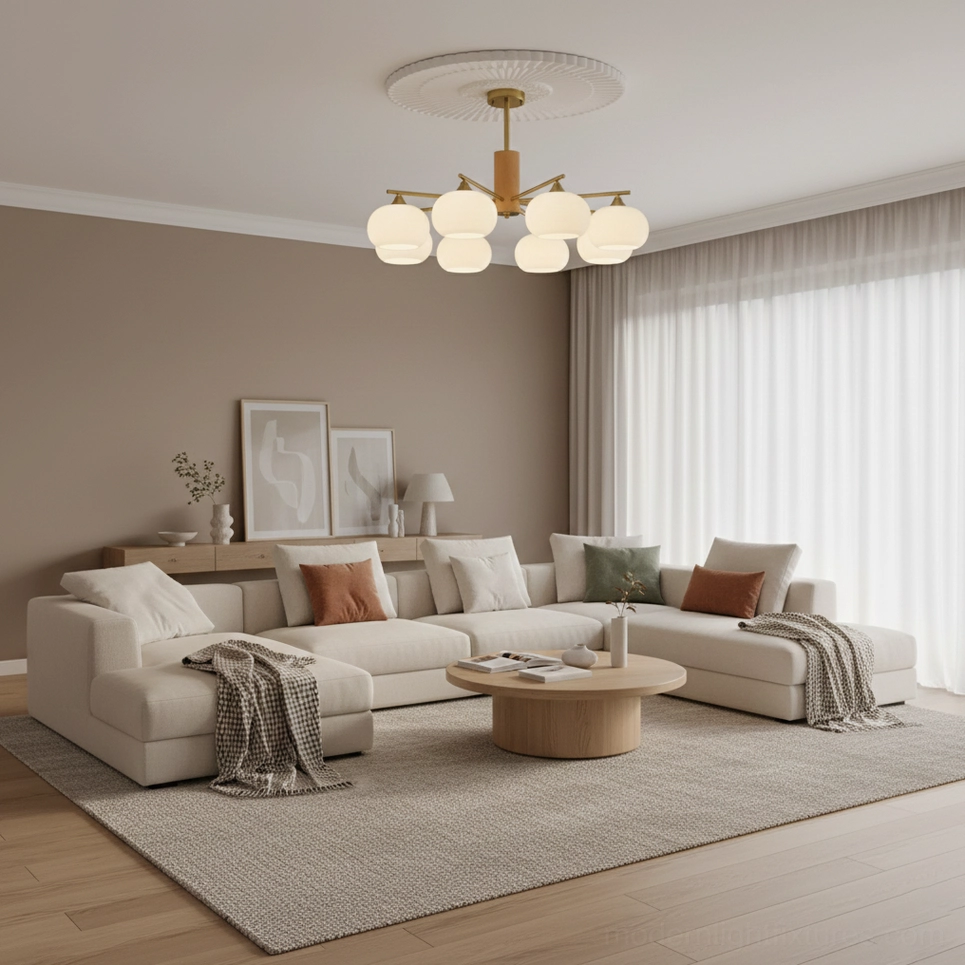 Modern scandinavian glass chandelier with wooden brass arms and soft white globe shades