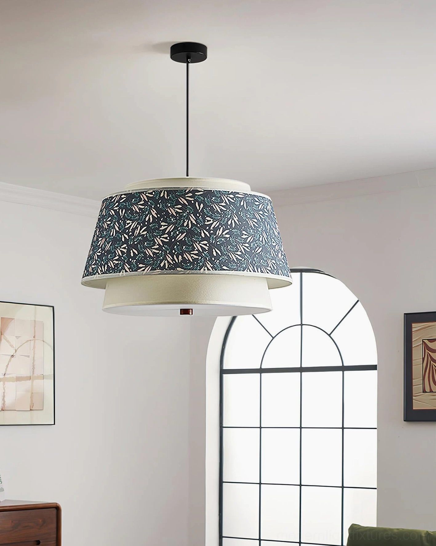 Modern Scandinavian two-tier pendant lamp with dark blue fabric shade in bright living room
