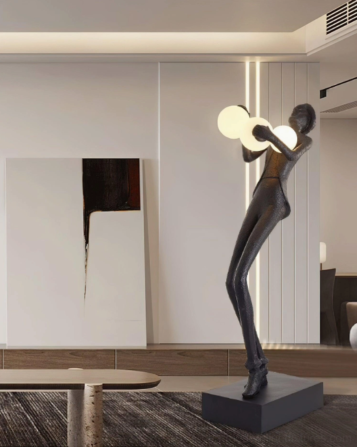 Modern humanoid sculptural floor lamp with frosted glass globes in contemporary interior design setting