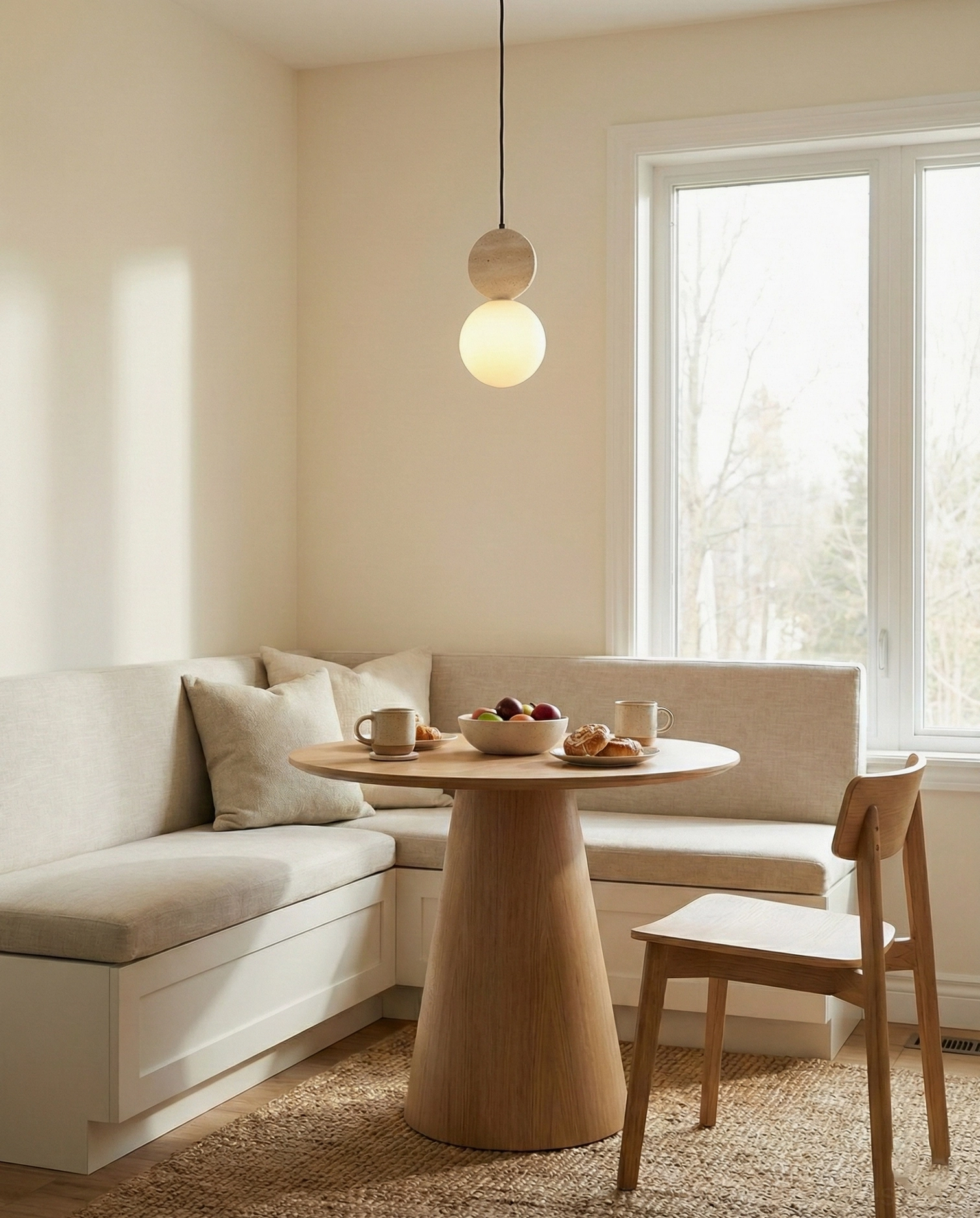 Cenari sculptural pendant light with hand-shaped travertine base and glowing frosted glass globe on white background