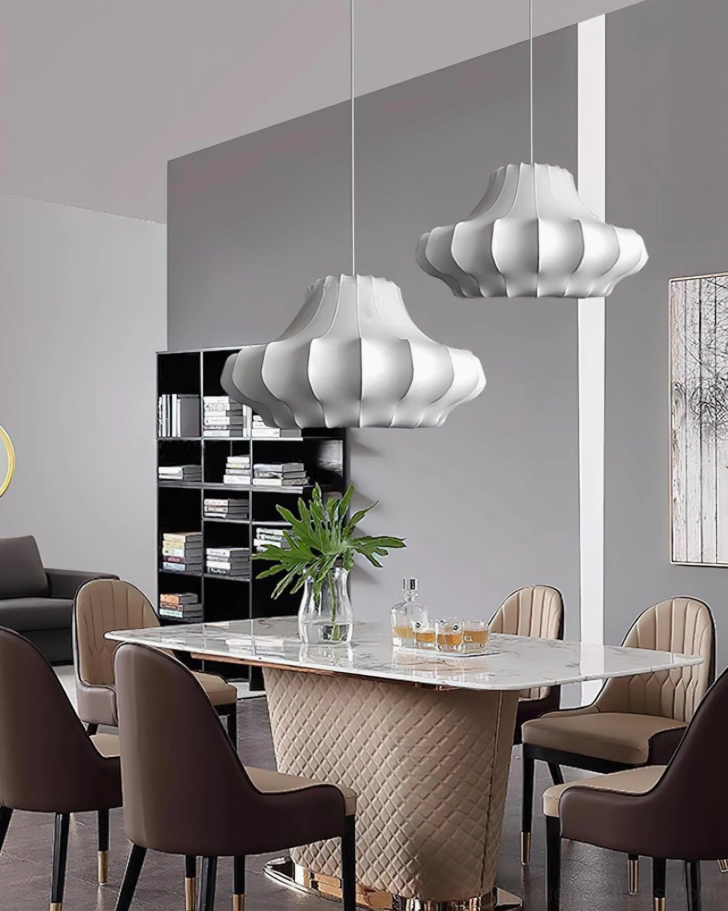 Modern sculptural white pendant lamp - open-plan living space focal point