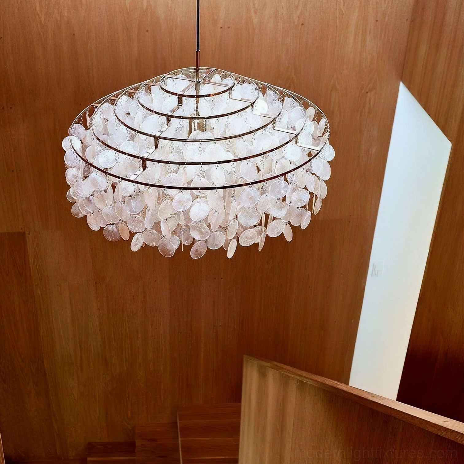 Modern shell chandelier detail showing individual Capiz shell disc craftsmanship