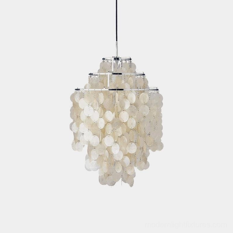 Modern shell chandelier handcrafted construction showing shell and metal assembly