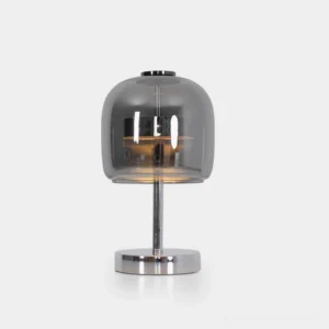 Modern smoke glass table lamp with polished chrome base - frontal studio view showing sleek contemporary design