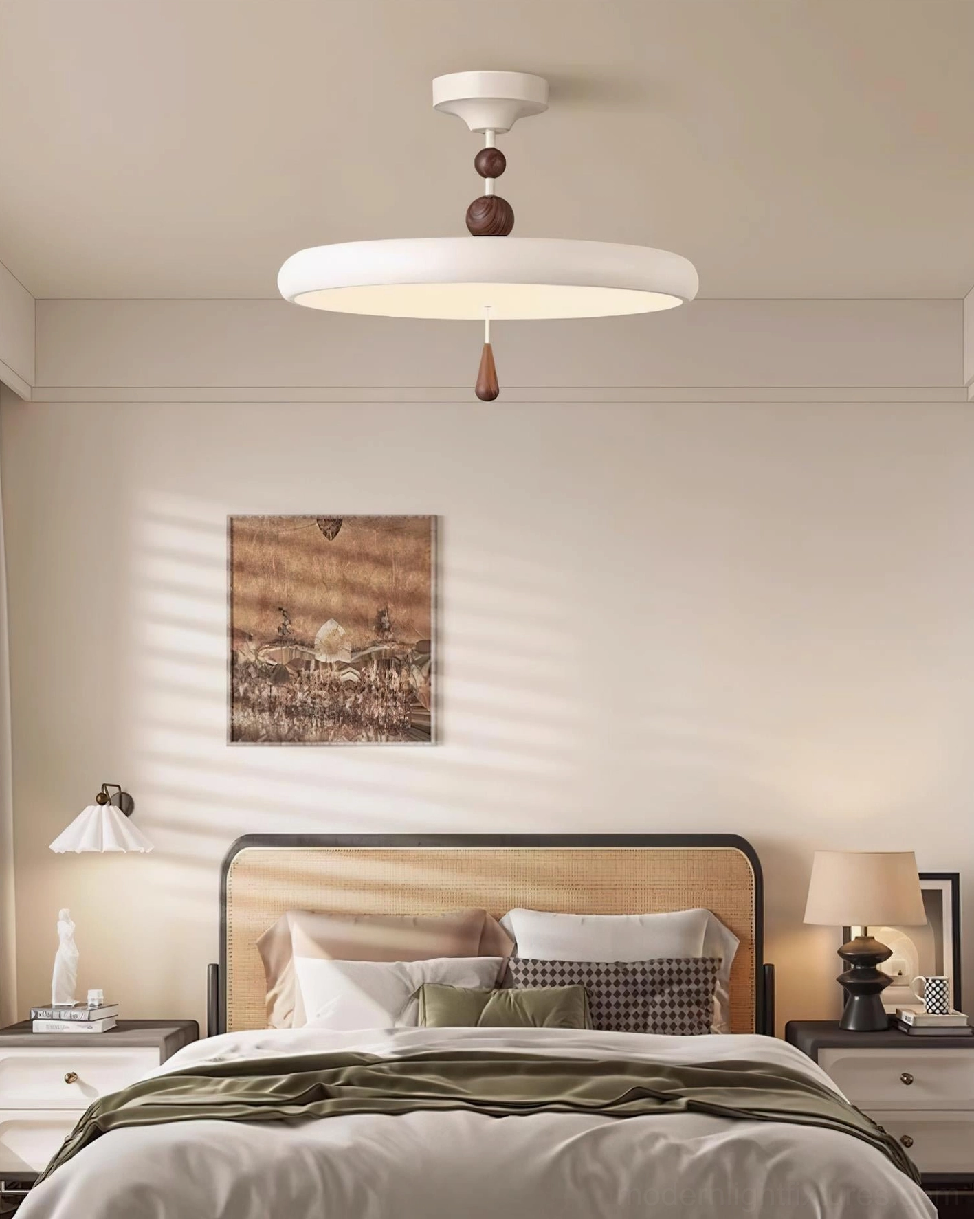 Modern Spectrum Ring ceiling light fixture illuminated in contemporary bedroom interior design setting