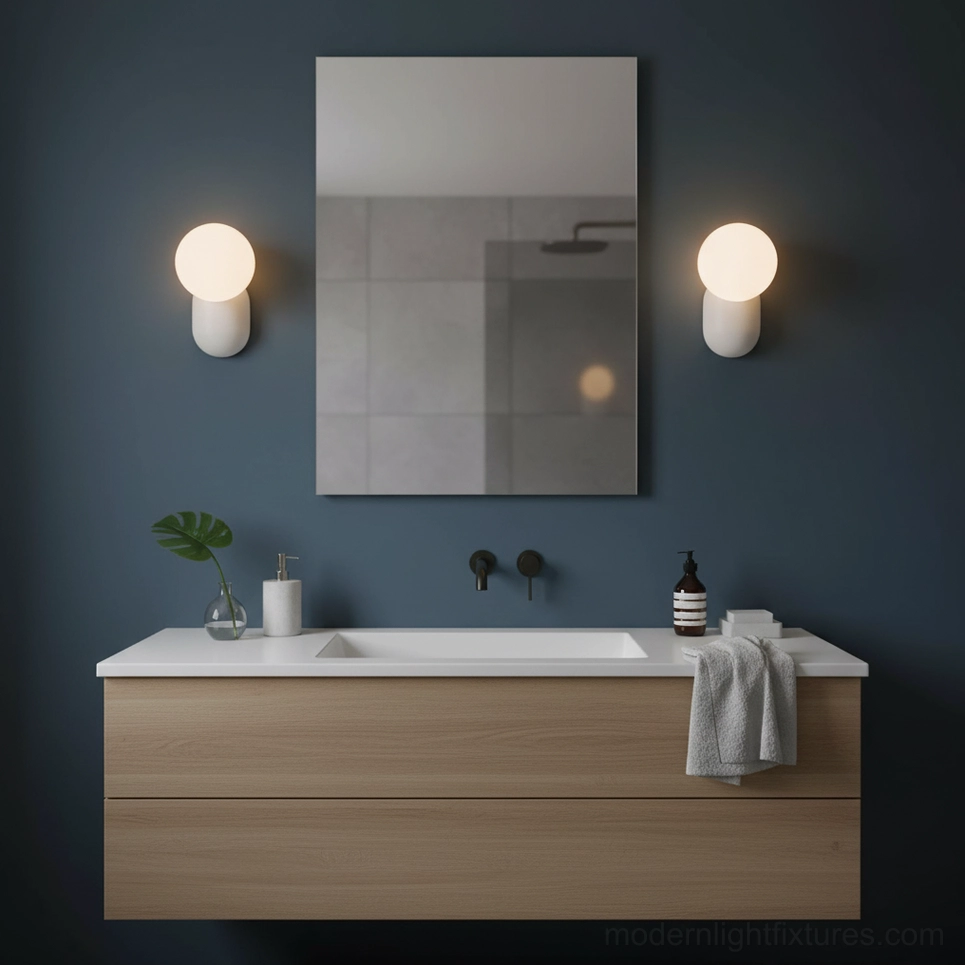 Modern spherical wall sconce with cantilever arm design, front-facing close-up architectural detail view