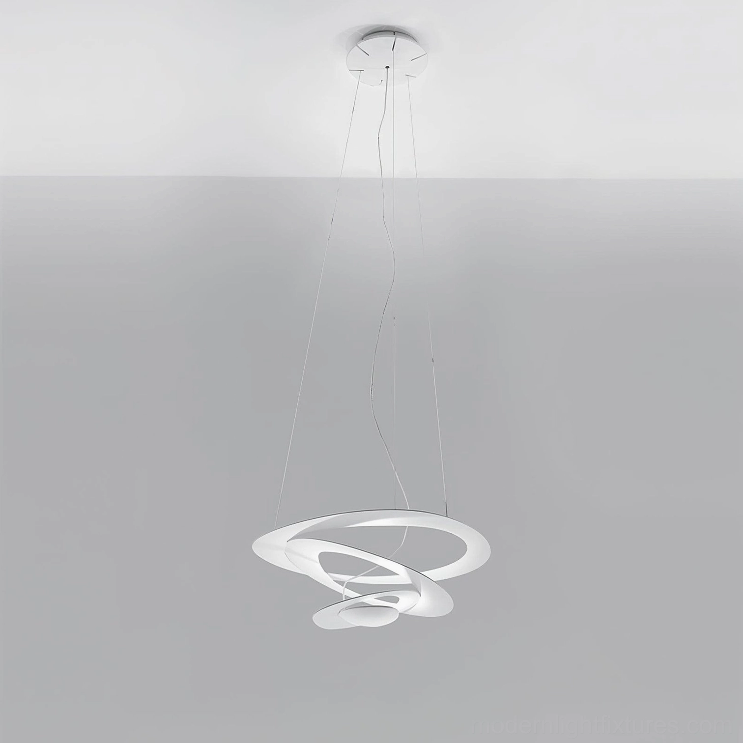 Modern spiral chandelier full view, aluminum alloy twisted ring pendant fixture, contemporary lighting solution