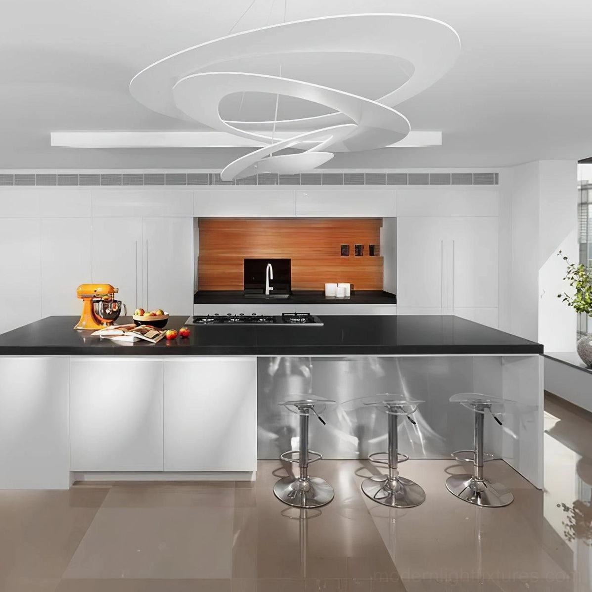 Modern spiral LED chandelier interior installation, professional ceiling-mounted pendant light display