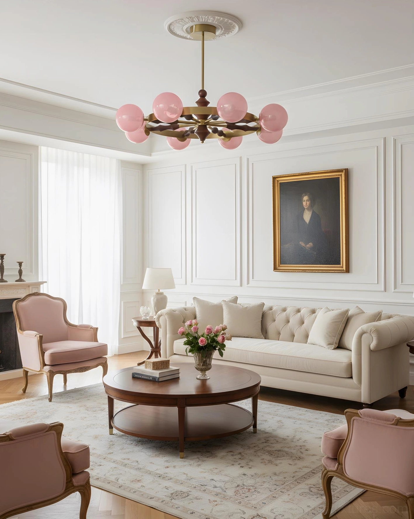 Cream white glass globe chandelier in French style formal living room with cozy retro aesthetic
