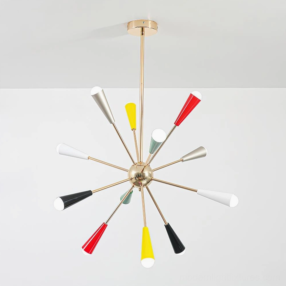 Modern sputnik starburst chandelier front-facing studio shot with assorted bold color cone shades