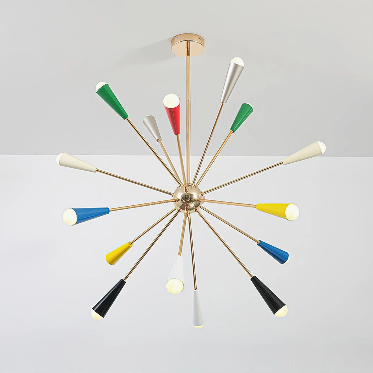 Mid-century modern sputnik burst chandelier with colorful conical lamp shades and polished gold frame