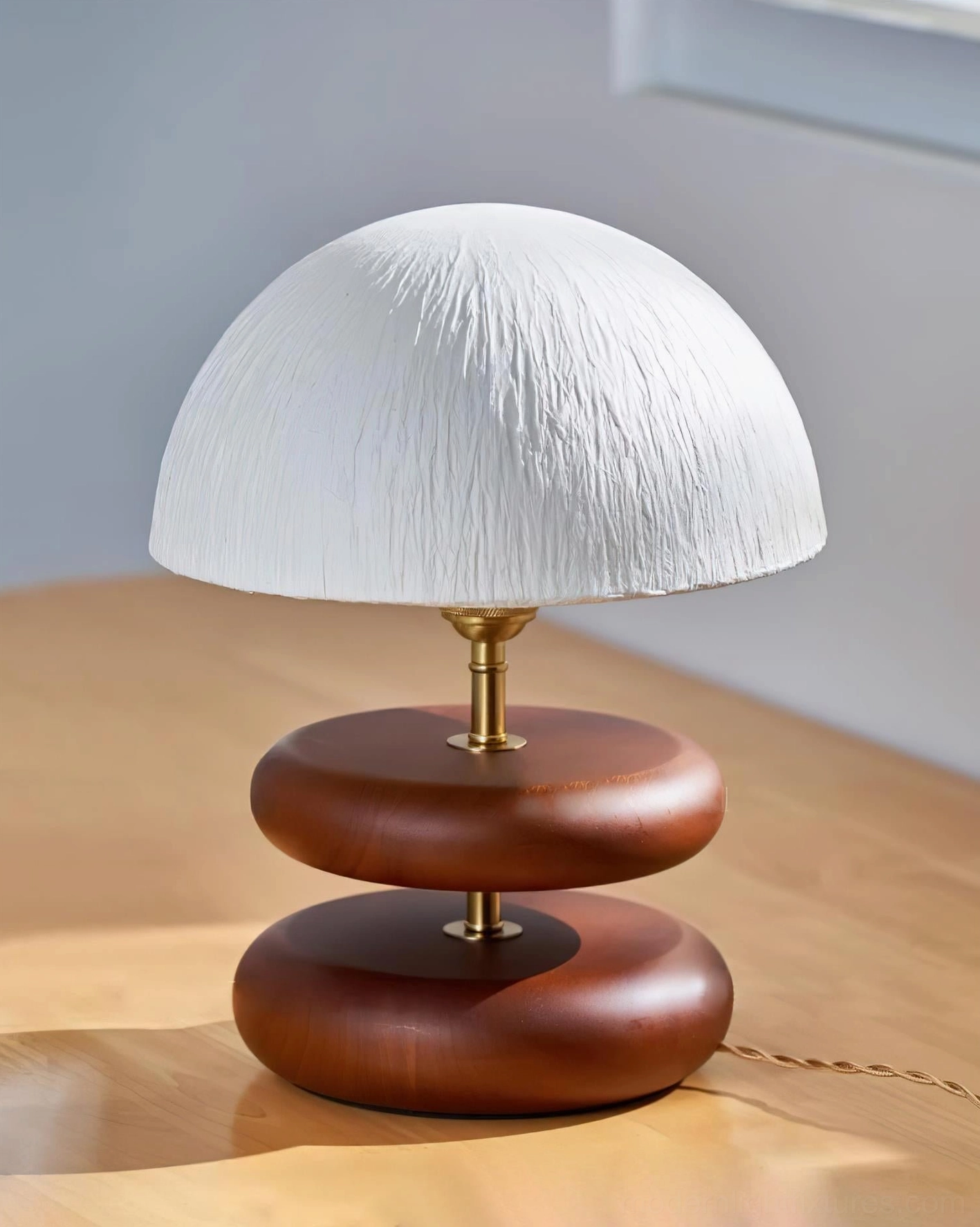 Modern minimalist stacked ring table lamp natural wood grain textured fabric dome shade ambient light