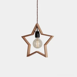 Modern star-shaped wooden pendant light with natural light wood finish and exposed edison bulb in minimalist studio setting