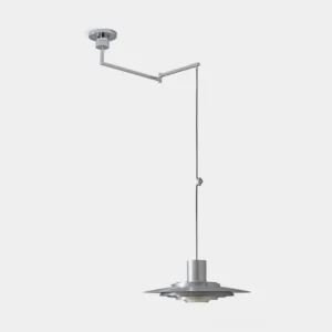 Adjustable swing arm pendant light with brushed silver metallic finish, three-quarter front view showcasing modern minimalist design and articulated arm mechanism