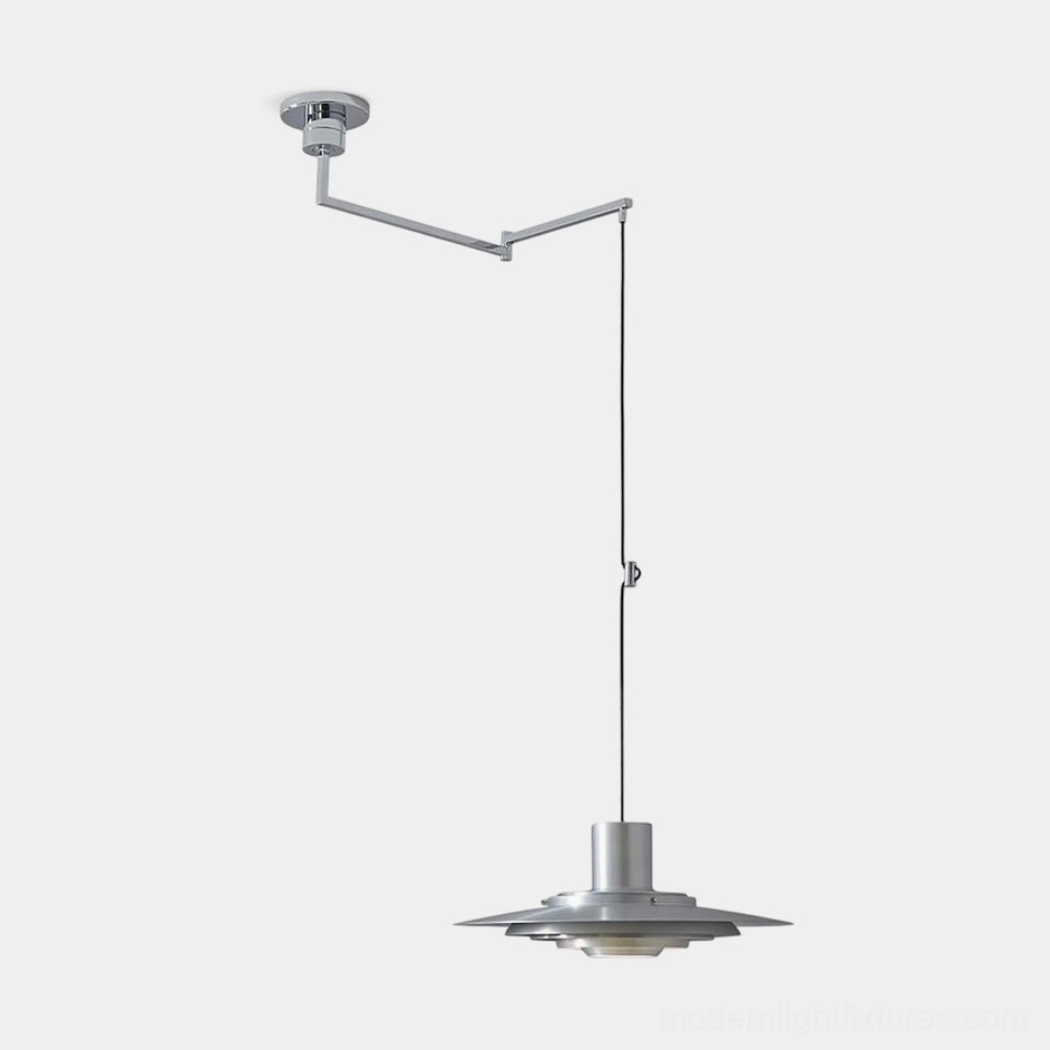 Adjustable swing arm pendant light with brushed silver metallic finish, three-quarter front view showcasing modern minimalist design and articulated arm mechanism