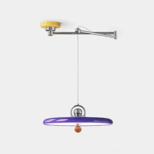 Modern swing arm pendant light with purple disc shade, polished chrome hardware, and decorative amber sphere accent - front studio view