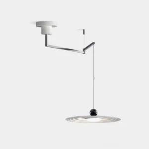 Modern swing arm pendant light with rippled aluminum disc shade, minimalist silver and white design shown in studio view