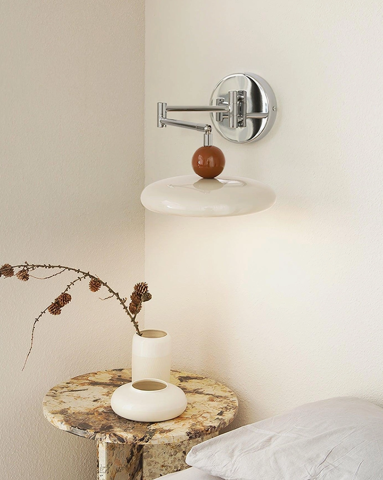 Modern adjustable swing arm wall sconce in chrome finish with multiple color shade options, contemporary lighting design