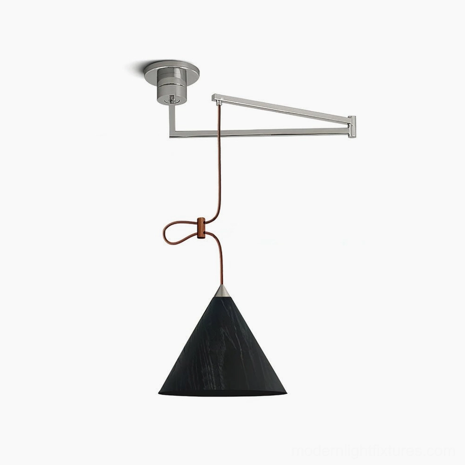Modern swing arm wood pendant lamp showcasing natural grain and metal framework