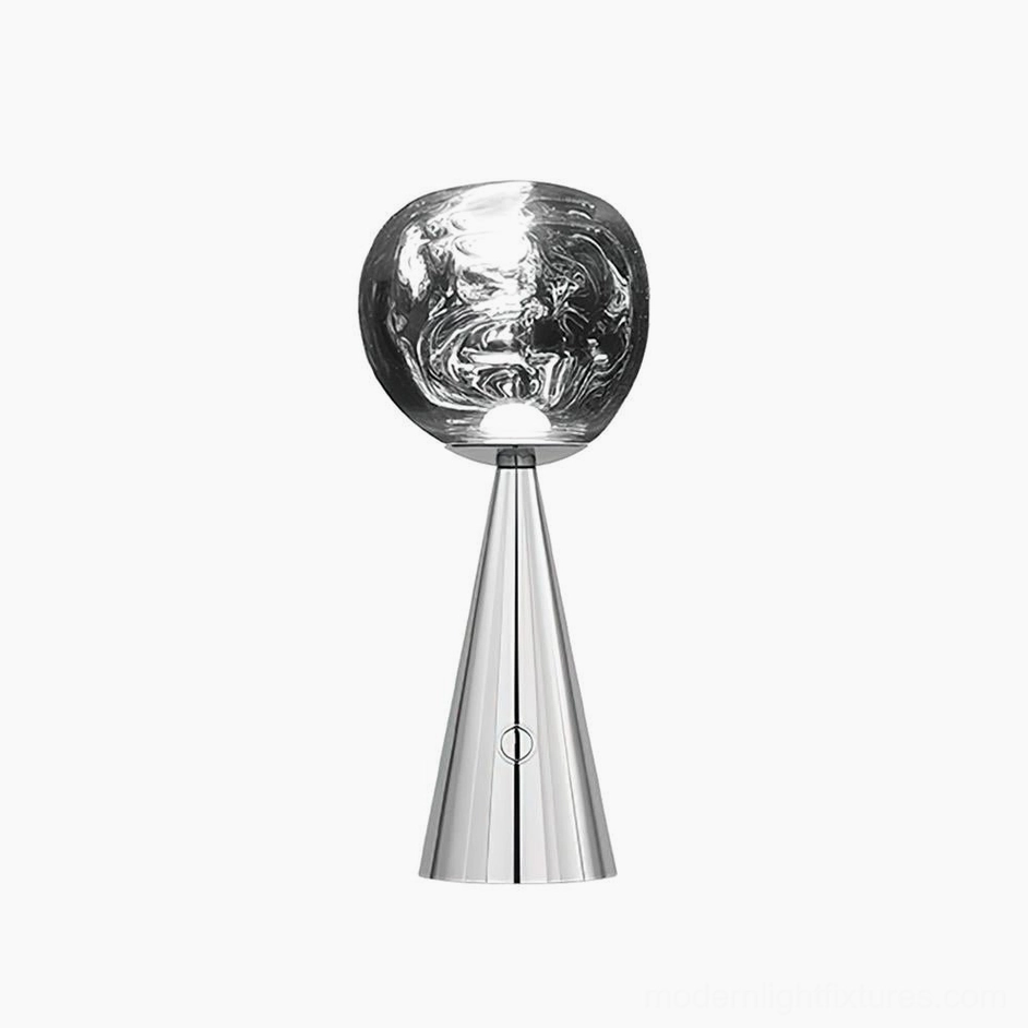 Modern conical table lamp with marbled smoked glass shade and silver metal base, studio front view, minimalist contemporary design