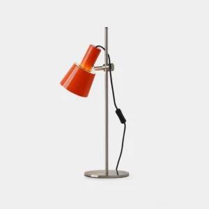 Modern adjustable metal table lamp with orange-red shade and polished nickel stand, side profile view