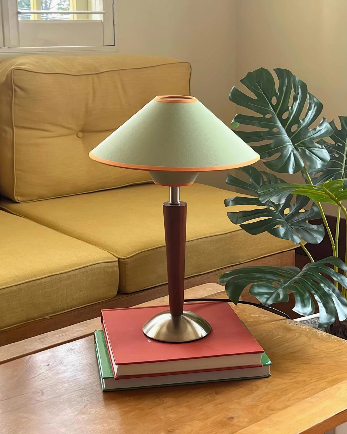 Contemporary wood and metal table lamp placed on sofa side table with stacked books and monstera plant decor