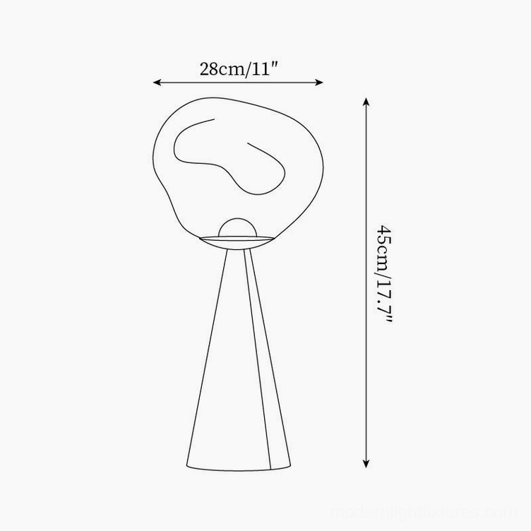 Technical drawing of modern conical table lamp showing dimensions 28cm diameter by 45cm height, orthographic design specification