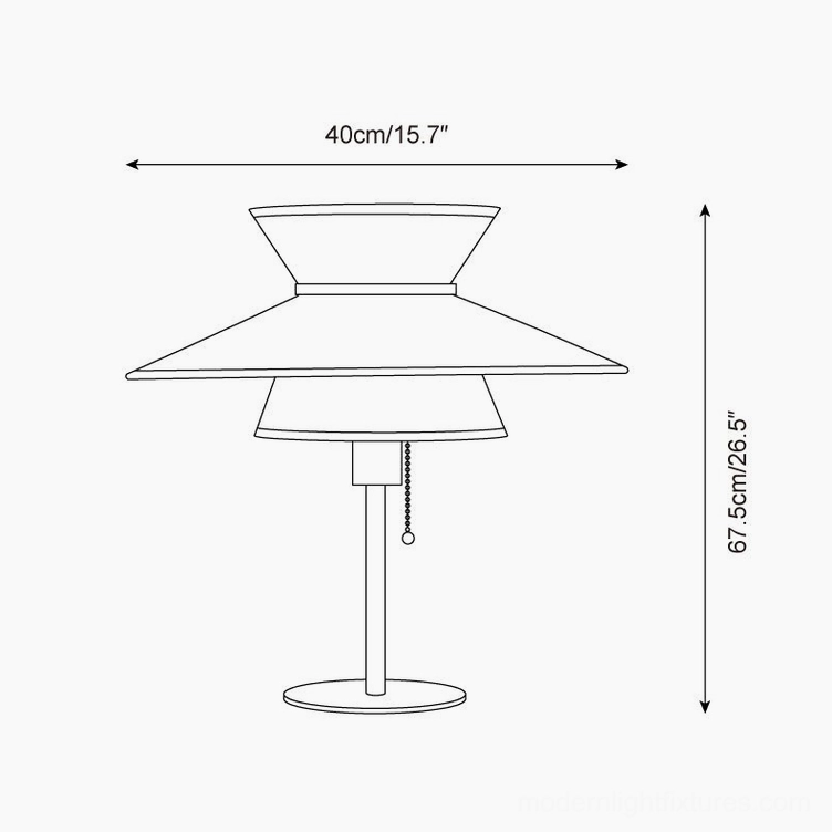 Technical schematic drawing of modern conical table lamp showing 40cm width and 67.5cm height specifications