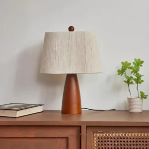 Modern table lamp walnut wood with beige hemp rope shade, displayed on home interior sideboard