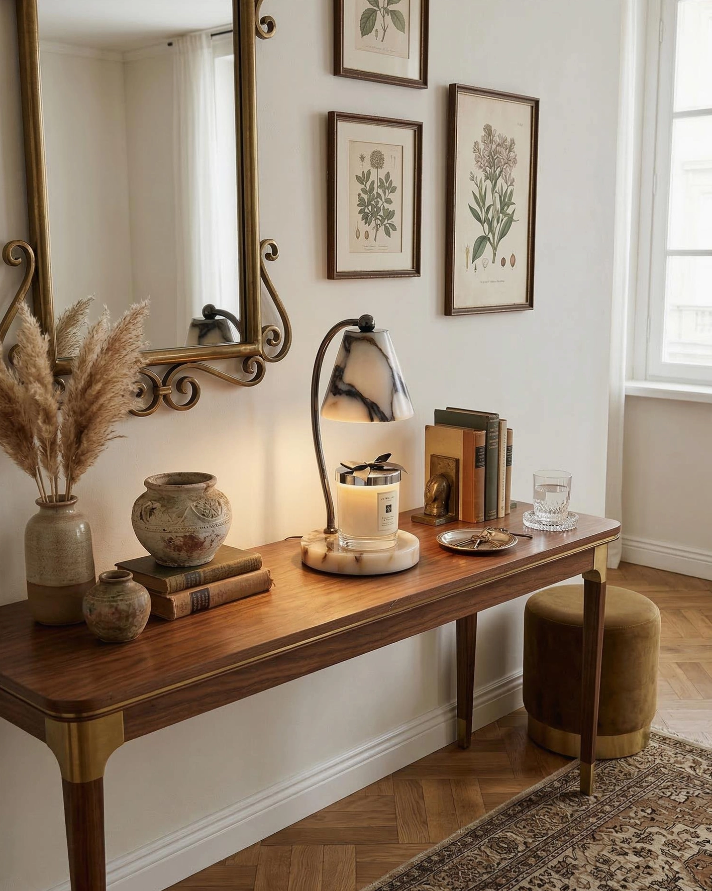 Modern marble candle warmer lamp styled on vintage entryway console table with dried plants and pottery