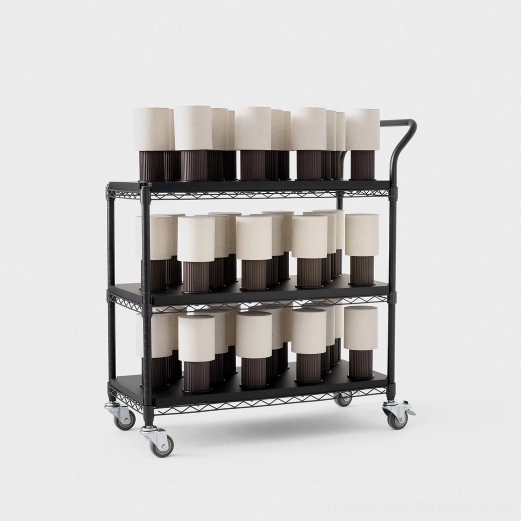 Industrial metal rolling display cart featuring multiple modern table lamps with dark bases and white fabric shades, minimalist retail presentation