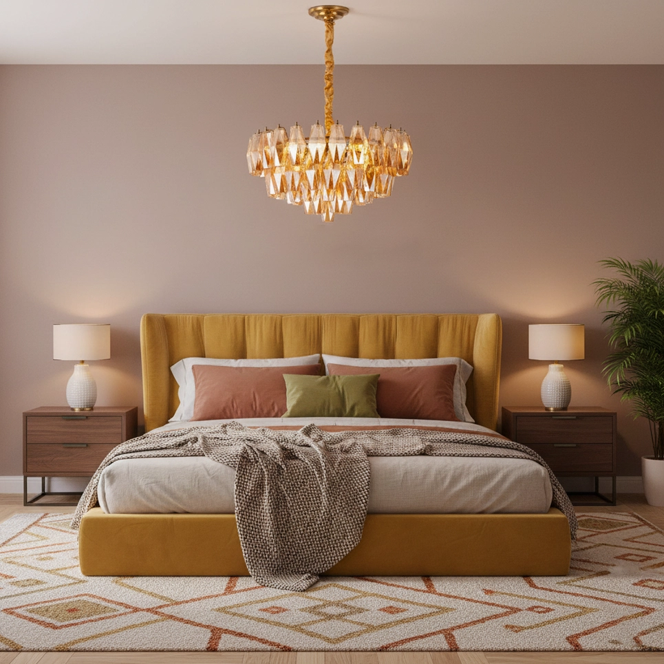 Modern tiered glass chandelier full view showing complete silhouette and geometric prism arrangement