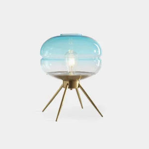 Moda modern tiered glass table lamp with gradient blue shade and brass base, front view on white background