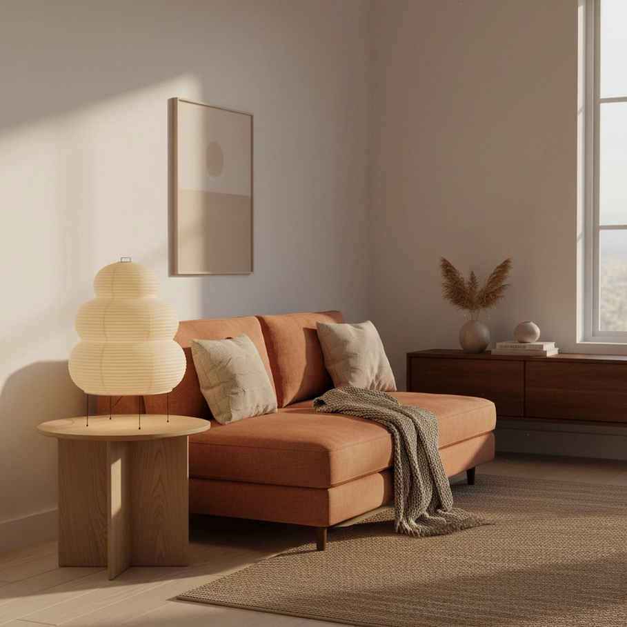 Contemporary tiered Shoji table lamp on wooden side table in minimalist modern living room