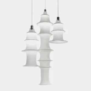 Modern tiered white fabric pendant lamp - minimalist tower design with multiple sizes displayed
