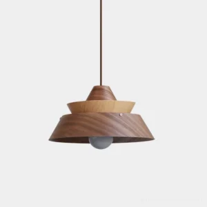 Modern tiered wood pendant light with geometric layered design, studio product shot with natural wood grain texture