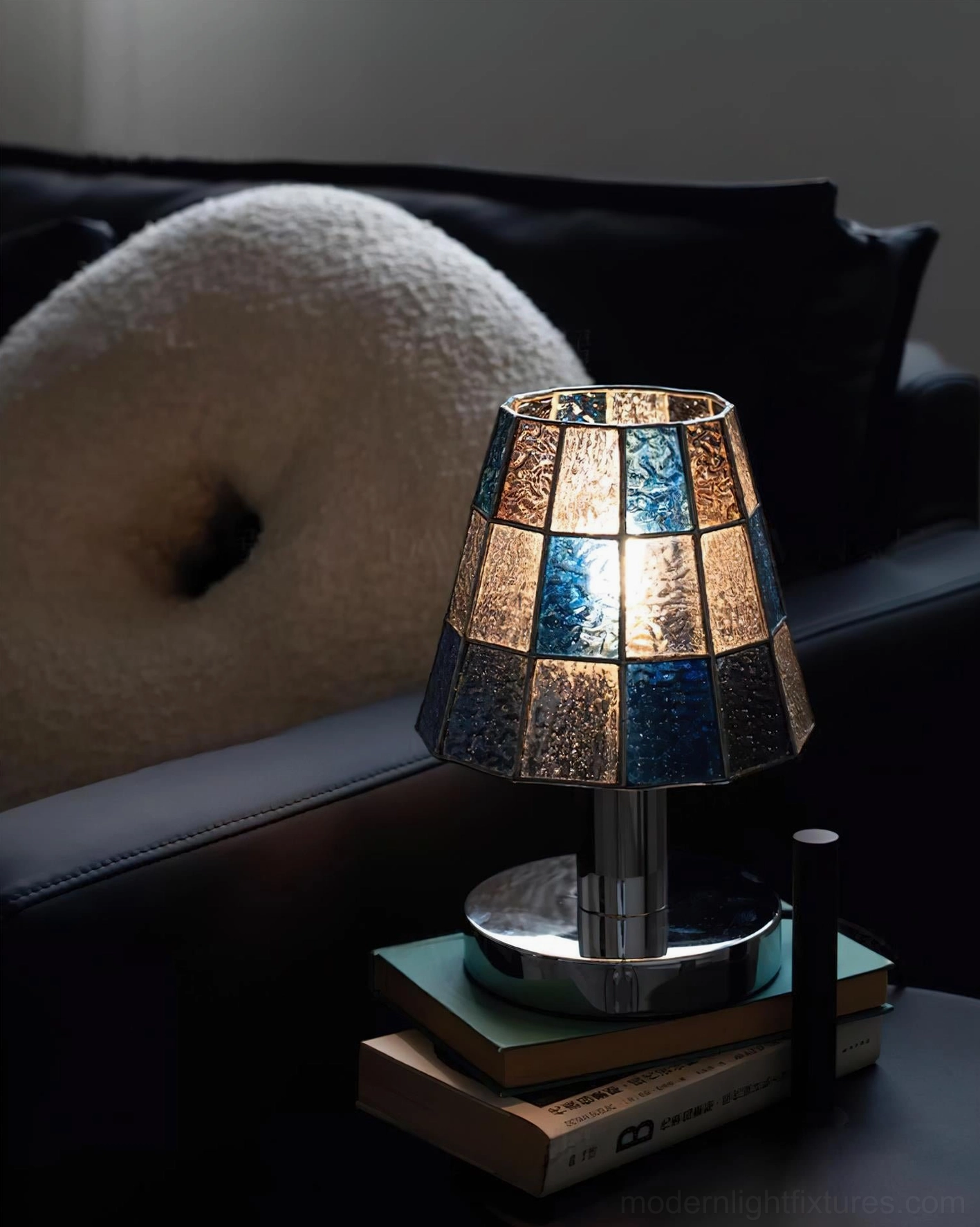 Modern geometric stained glass table lamp showcasing contemporary Tiffany-inspired design with colored glass panels