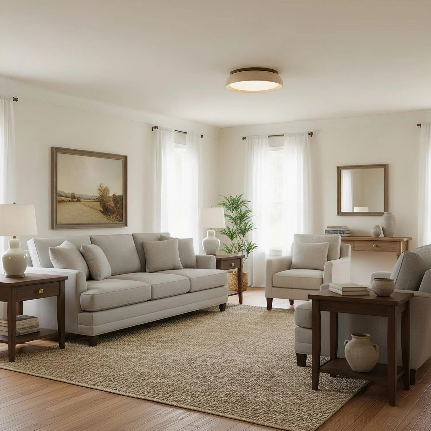 Travertine stone flush mount ceiling light in contemporary minimalist living room, architectural overhead shot