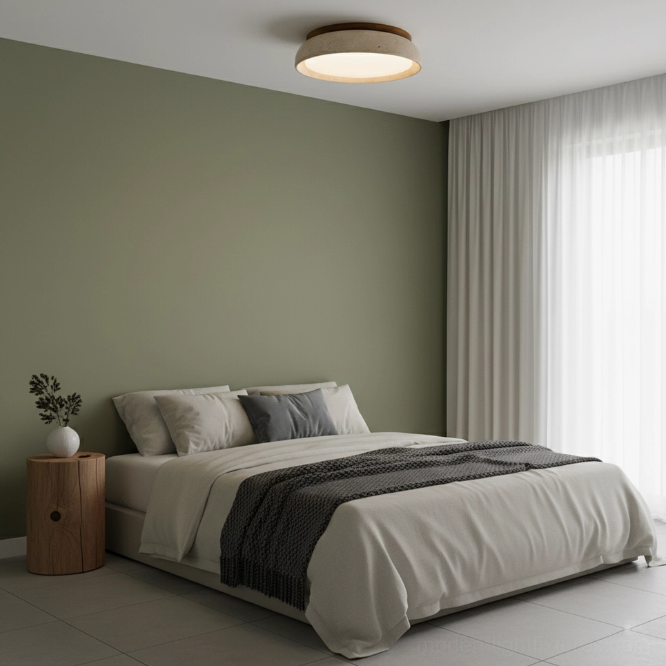 Modern travertine ceiling light fixture with integrated warm white LED light source
