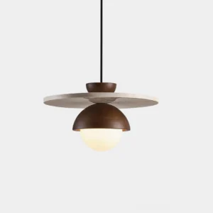 Modern travertine and frosted glass pendant light with dark wood frame, front view on white background
