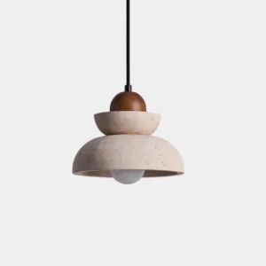 Modern travertine and walnut pendant light with stacked stone shades and black metal rod on white background