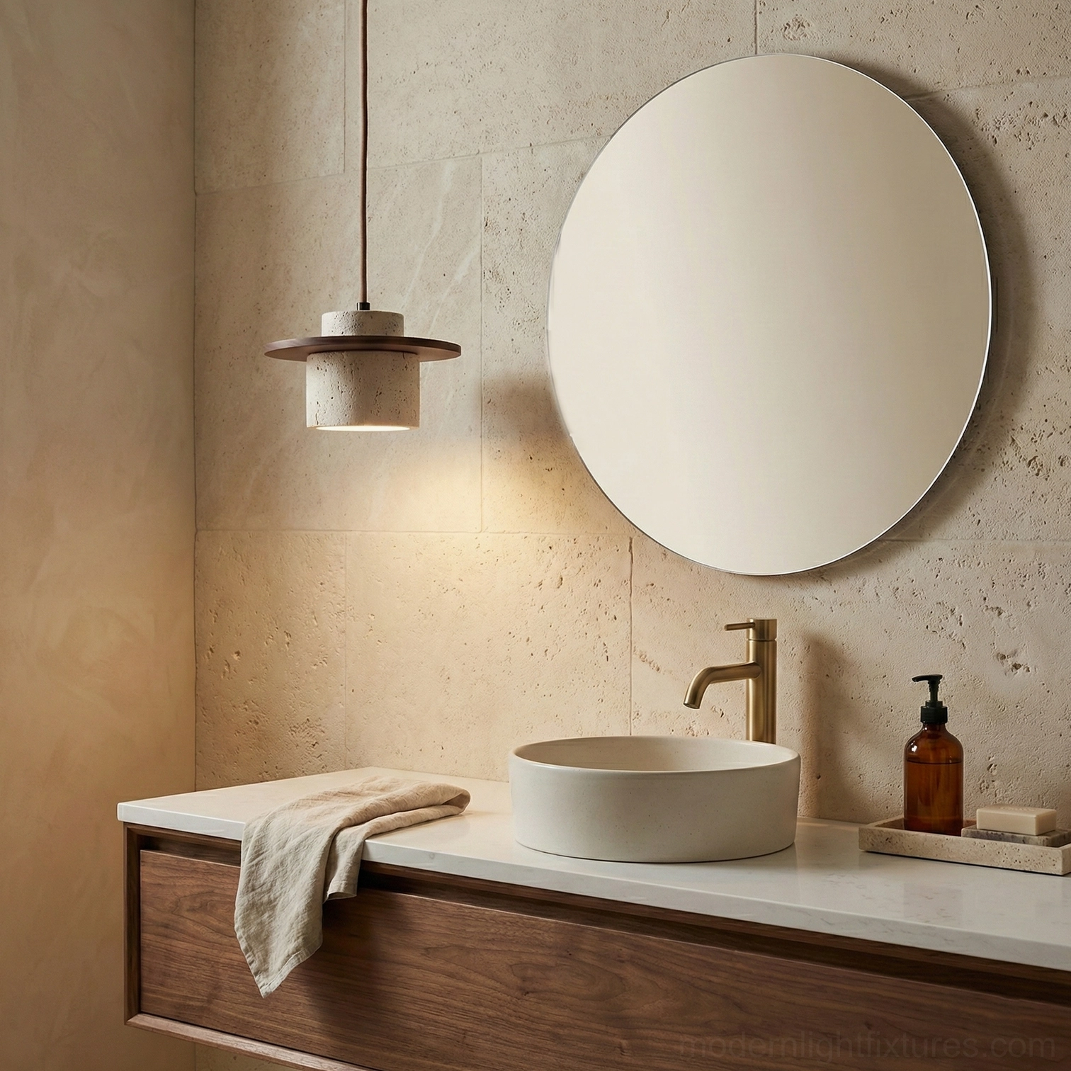 Modern travertine pendant hanging light, full product view showing cylindrical stone shade with top and bottom wood discs